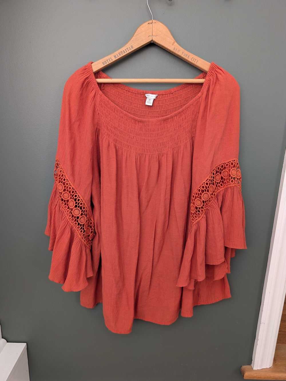 Cato Rust Orange Crochet-Trim Peasant Tunic Cottagecore Fall Harvest